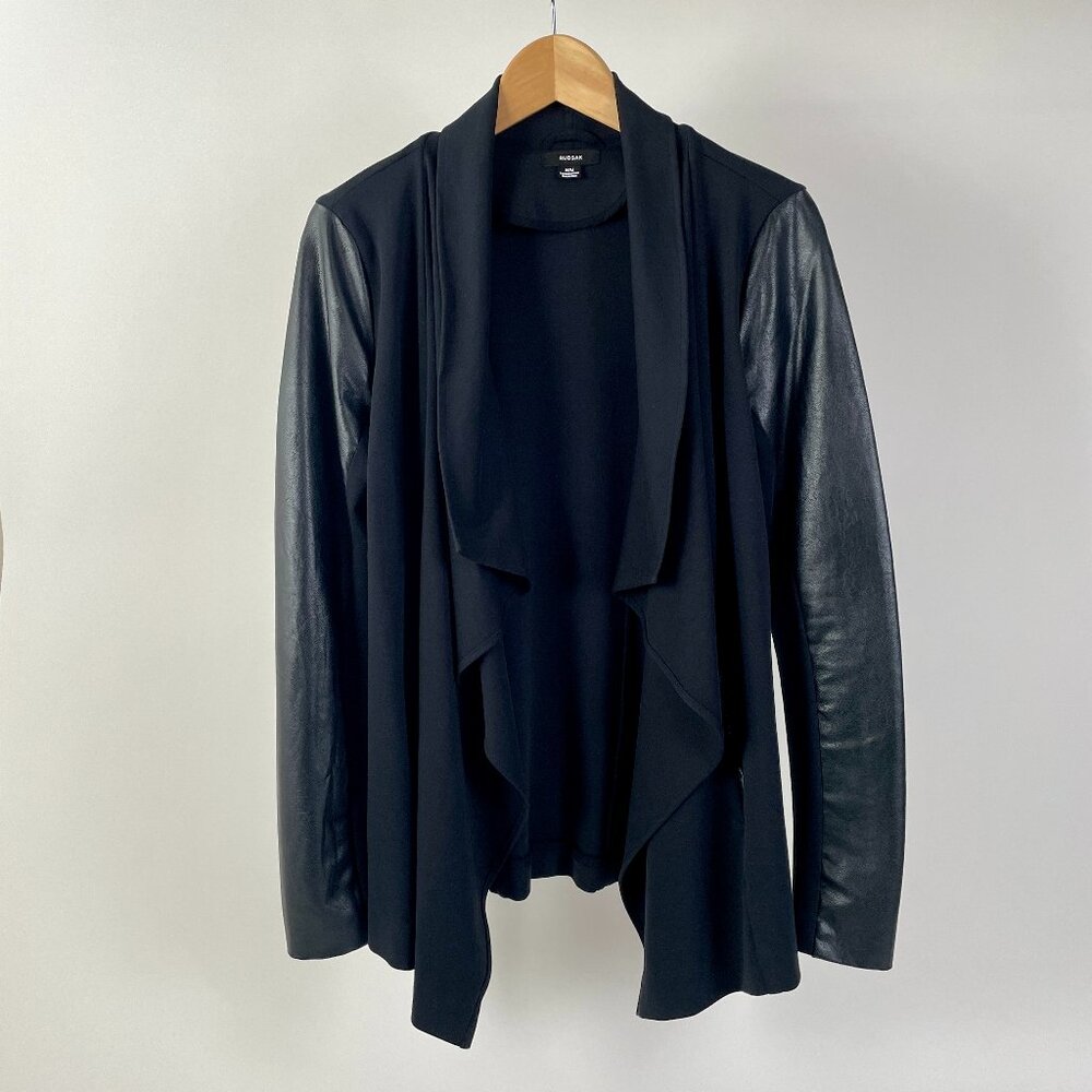 Rudsak Long Line Waterfall Open Cardigan With Faux Leather Accents, Black, Sz M